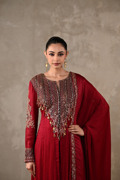 Embellished Satin Chiffon High-Low Kurta Set