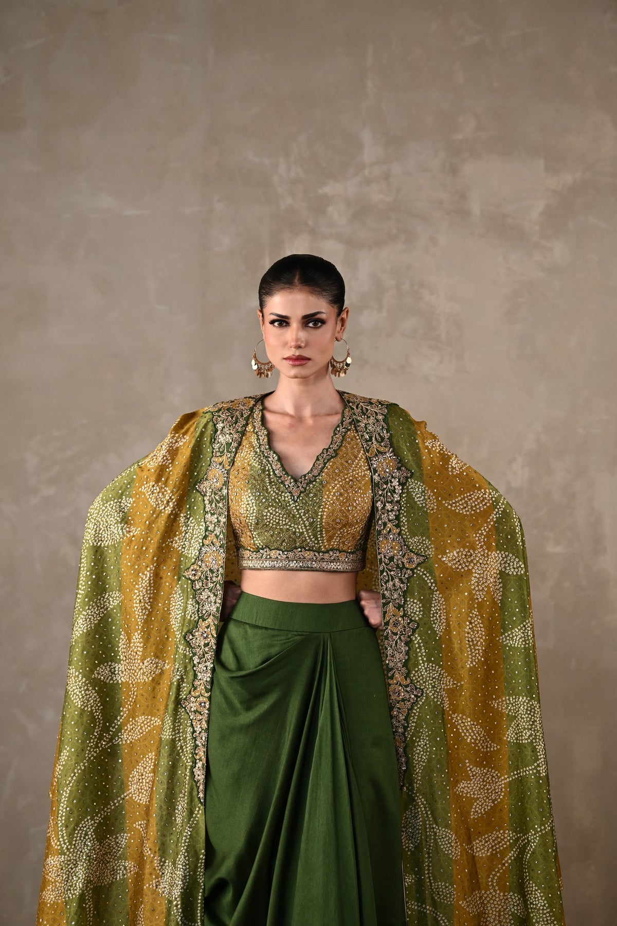 Embellished Silk Cape & Drape Skirt Set