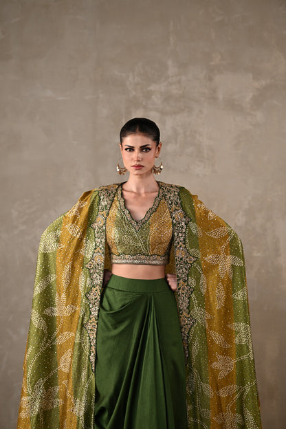 Embellished Silk Cape & Drape Skirt Set