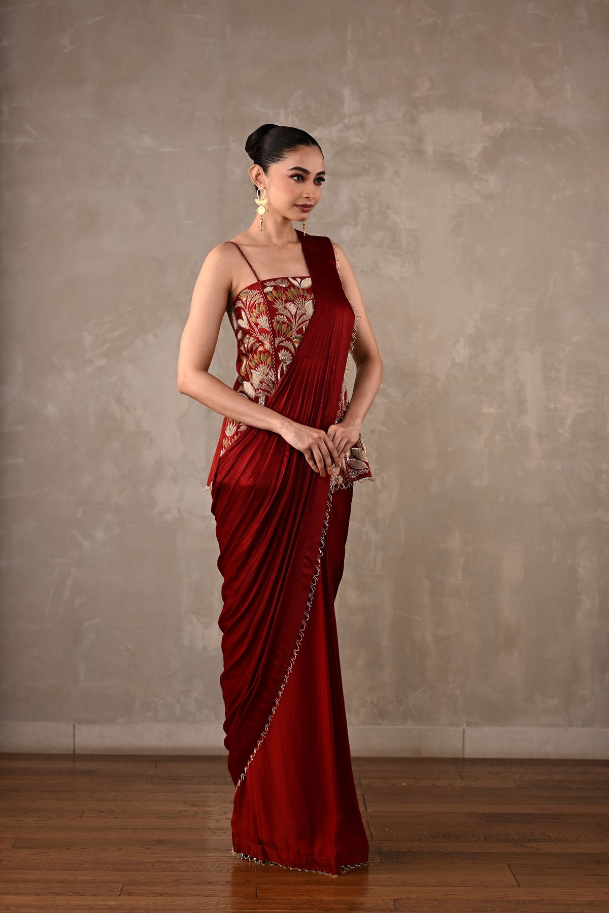 Floral Thread Embroidered Drape Saree Set