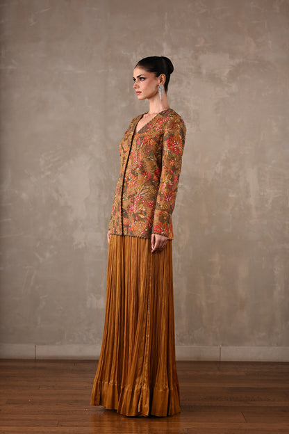 Embellished Floral Jacket & Pleated Palazzo Set