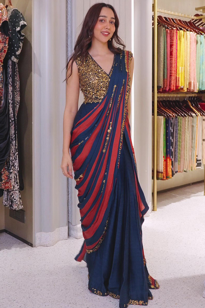 Rust-Blue Pre-Draped Saree