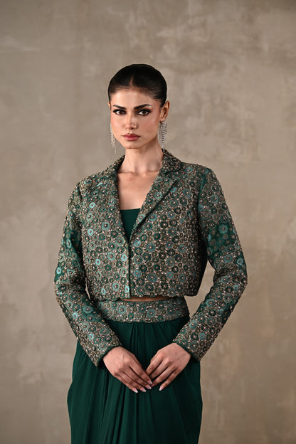 Embellished Crepe Drape Skirt & Cropped Jacket Set