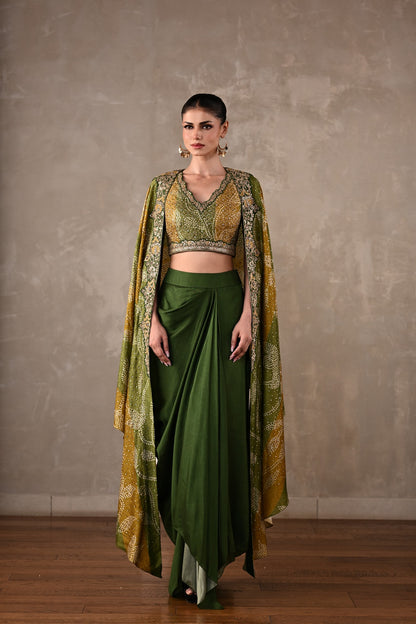 Embellished Silk Cape & Drape Skirt Set