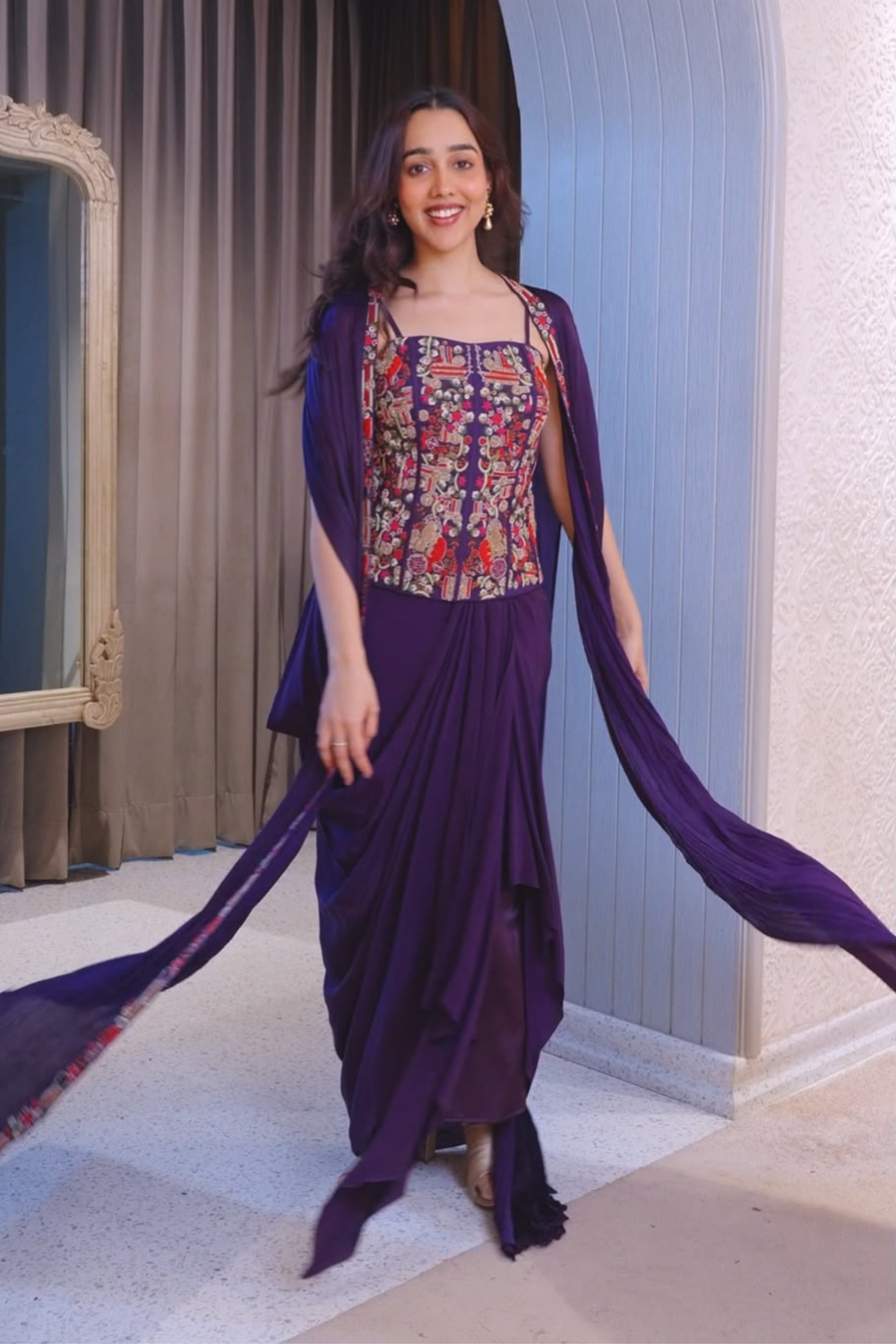 Embroidered Draped Cape Set