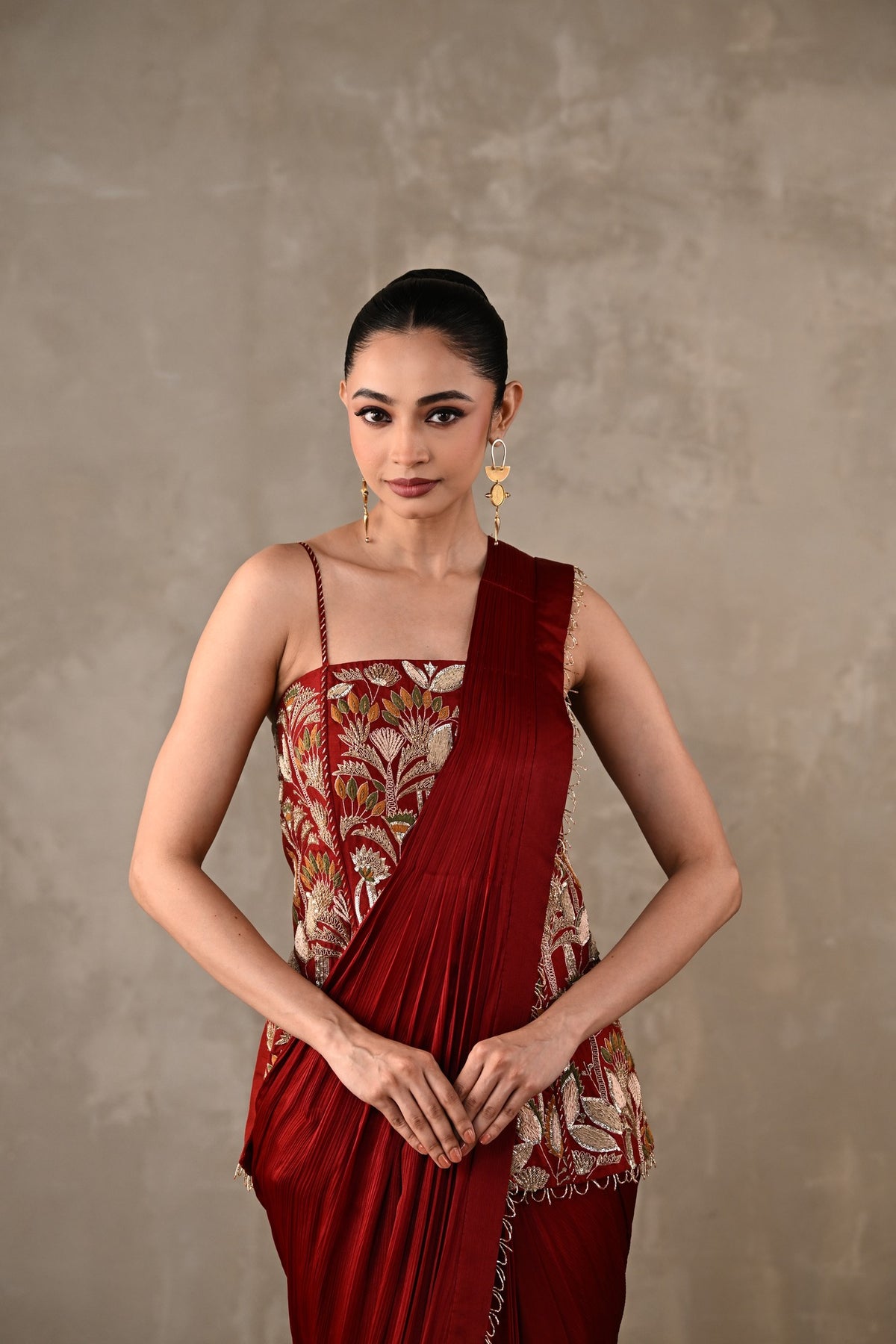 Floral Thread Embroidered Drape Saree Set
