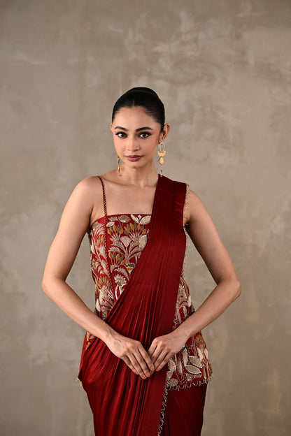 Floral Thread Embroidered Drape Saree Set