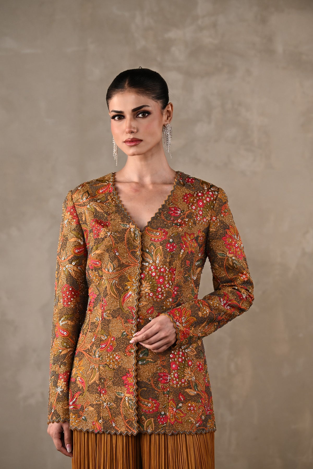 Embellished Floral Jacket & Pleated Palazzo Set