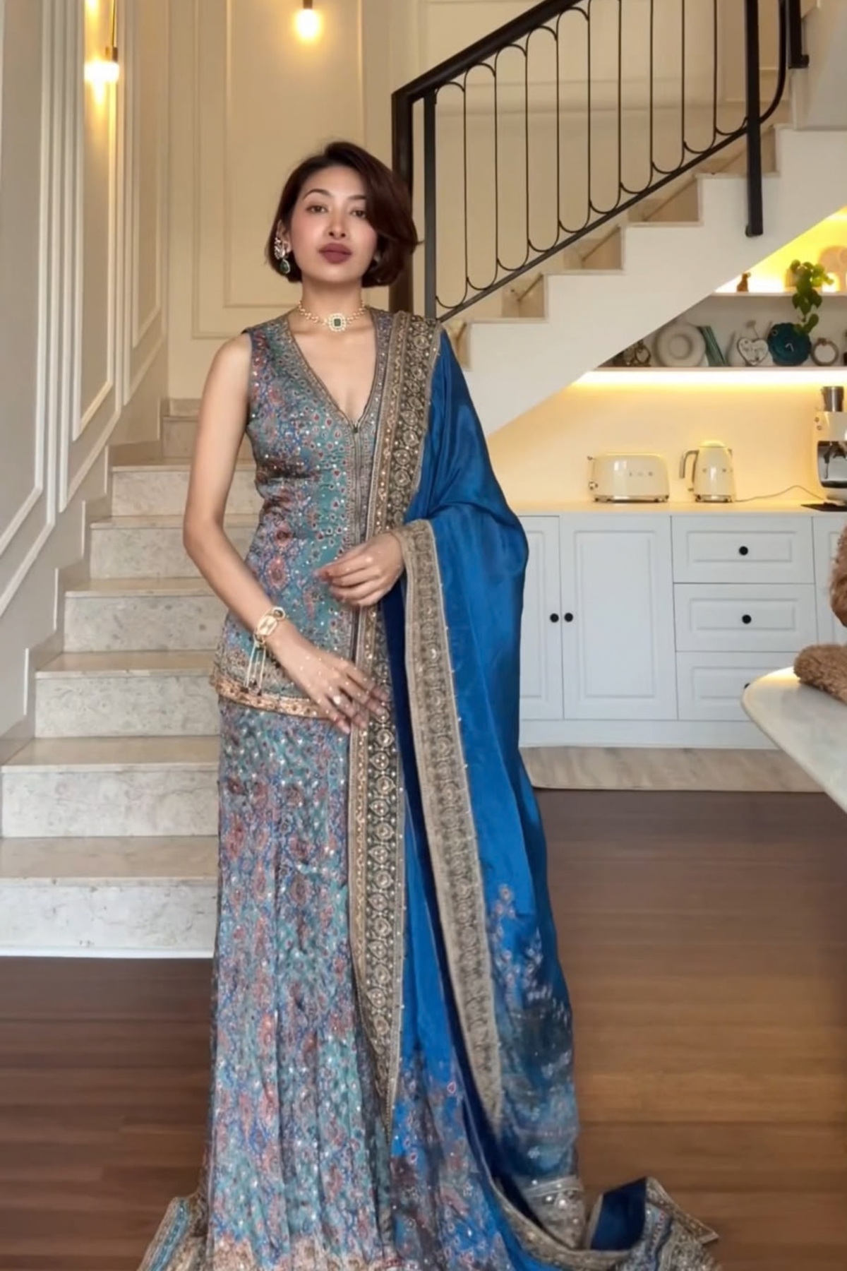 Olive Green-Blue Printed Embellished Sharara Set