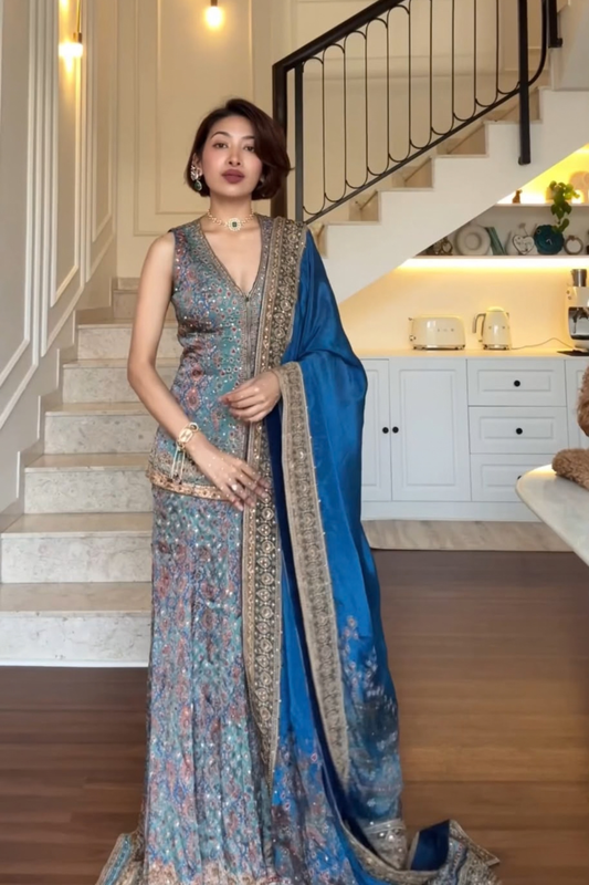 Olive Green-Blue Printed Embellished Sharara Set