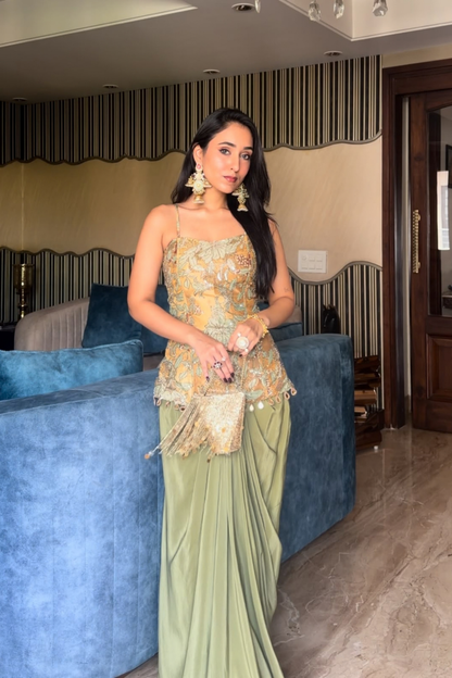 Gold-Green Embellished Corset Set
