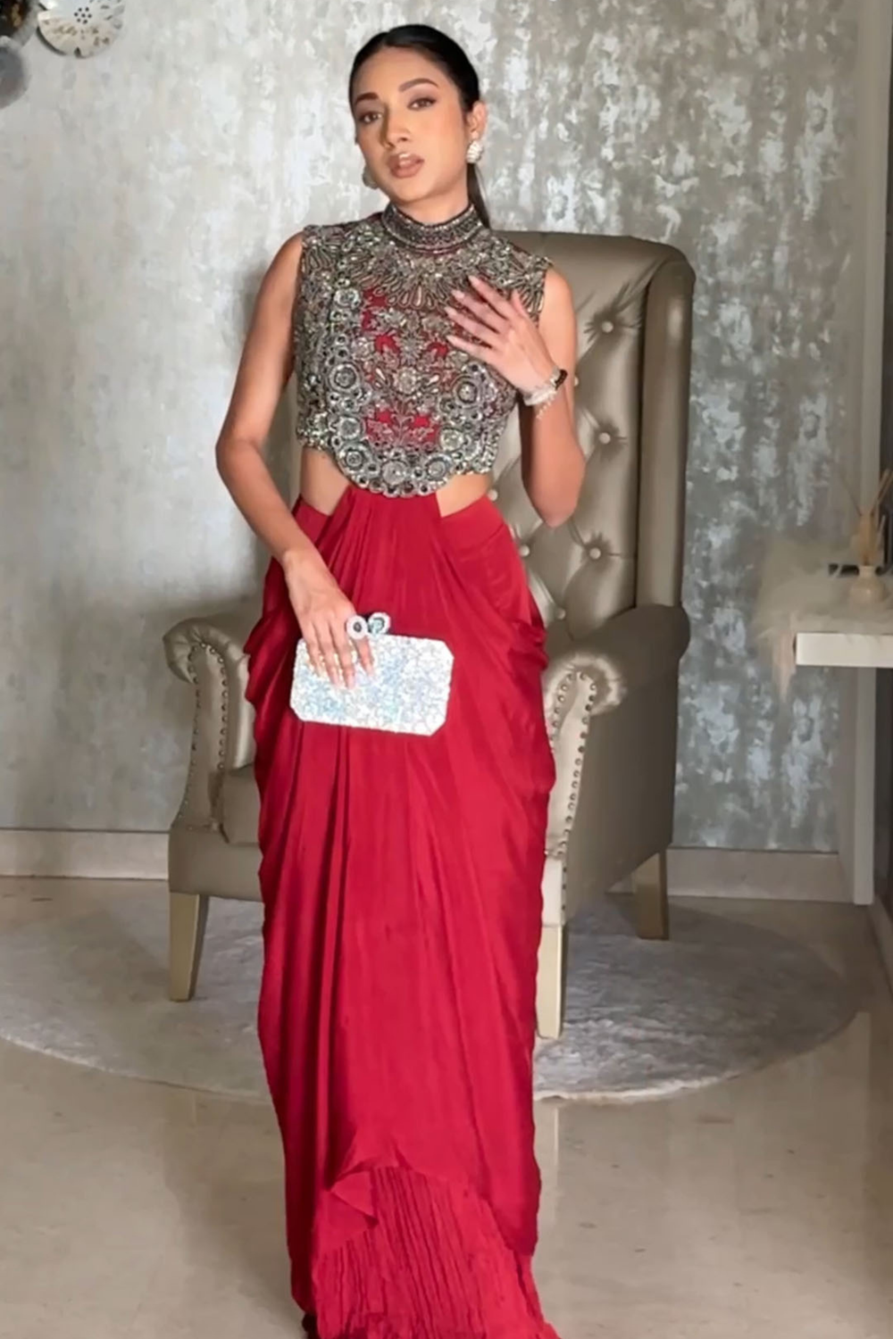 Maroon Drape Gown Set