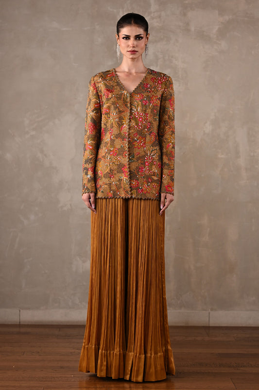 Embellished Floral Jacket & Pleated Palazzo Set