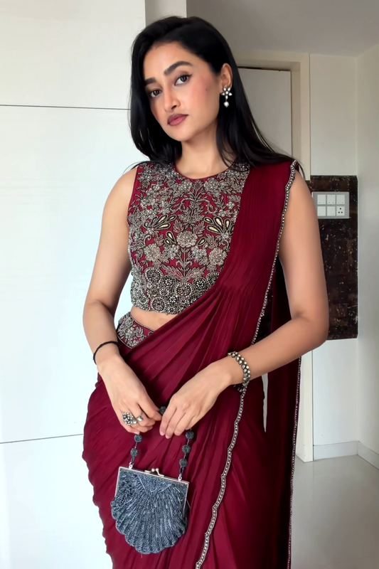 Maroon Embroidered Drape Saree Set