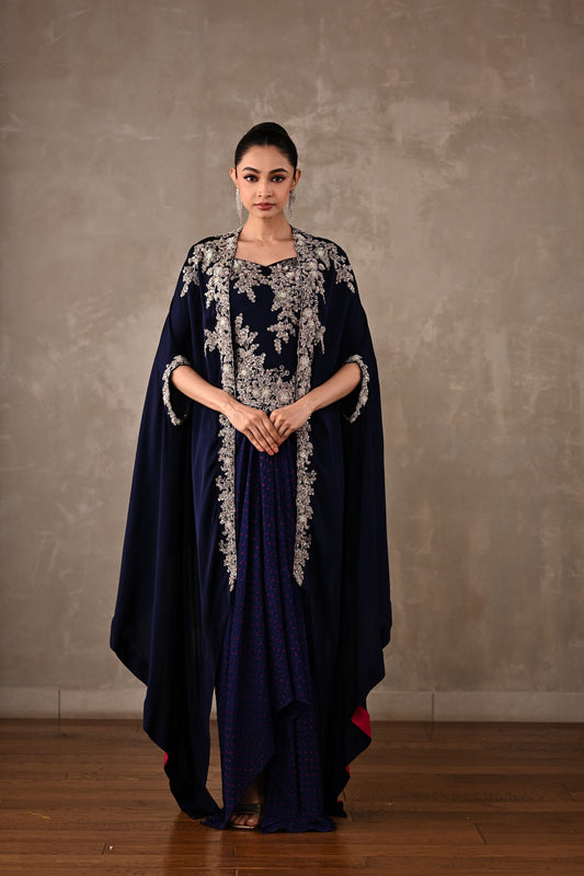 Zardosi Embroidered Cape & Bandhej Drape Skirt Set