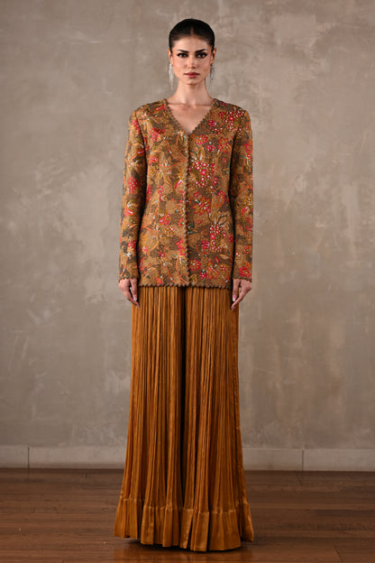 Embellished Floral Jacket & Pleated Palazzo Set