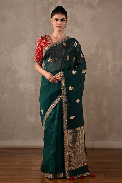 Silk Saree with Zari & Tikki Embroidered Blouse