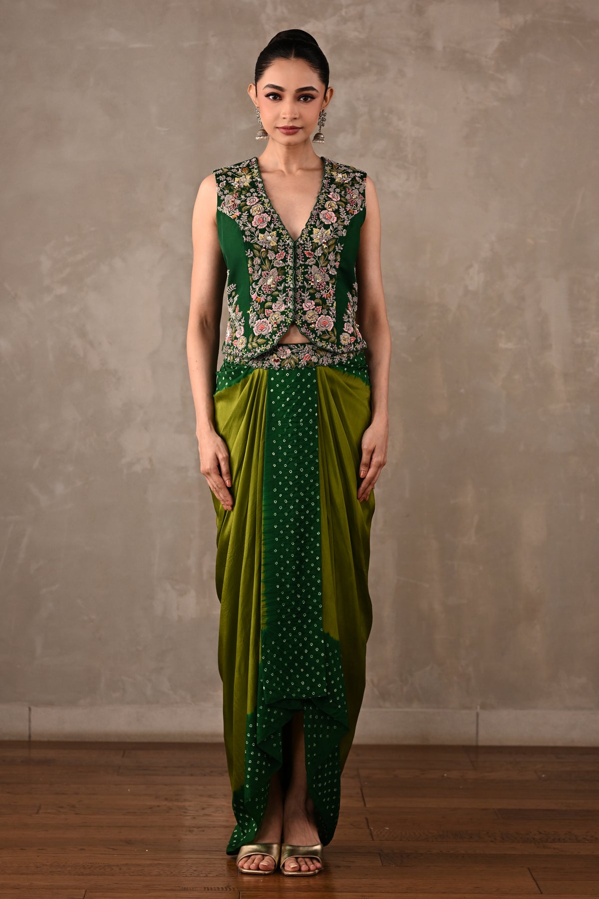 Zardosi Embroidered Top & Bandhej Drape Skirt Set