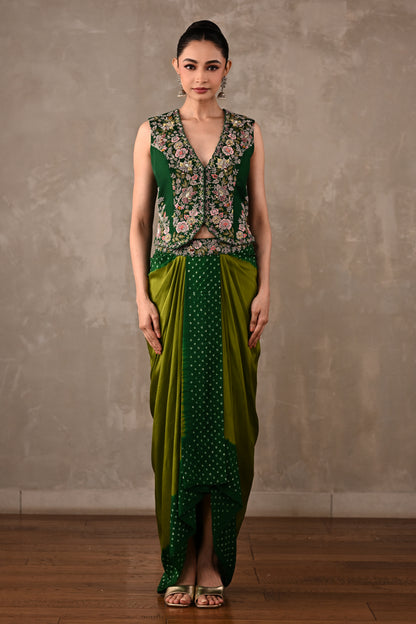 Zardosi Embroidered Top & Bandhej Drape Skirt Set