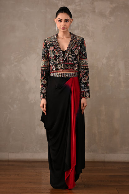 Multicolour Embroidered Cropped Jacket & Skirt Set
