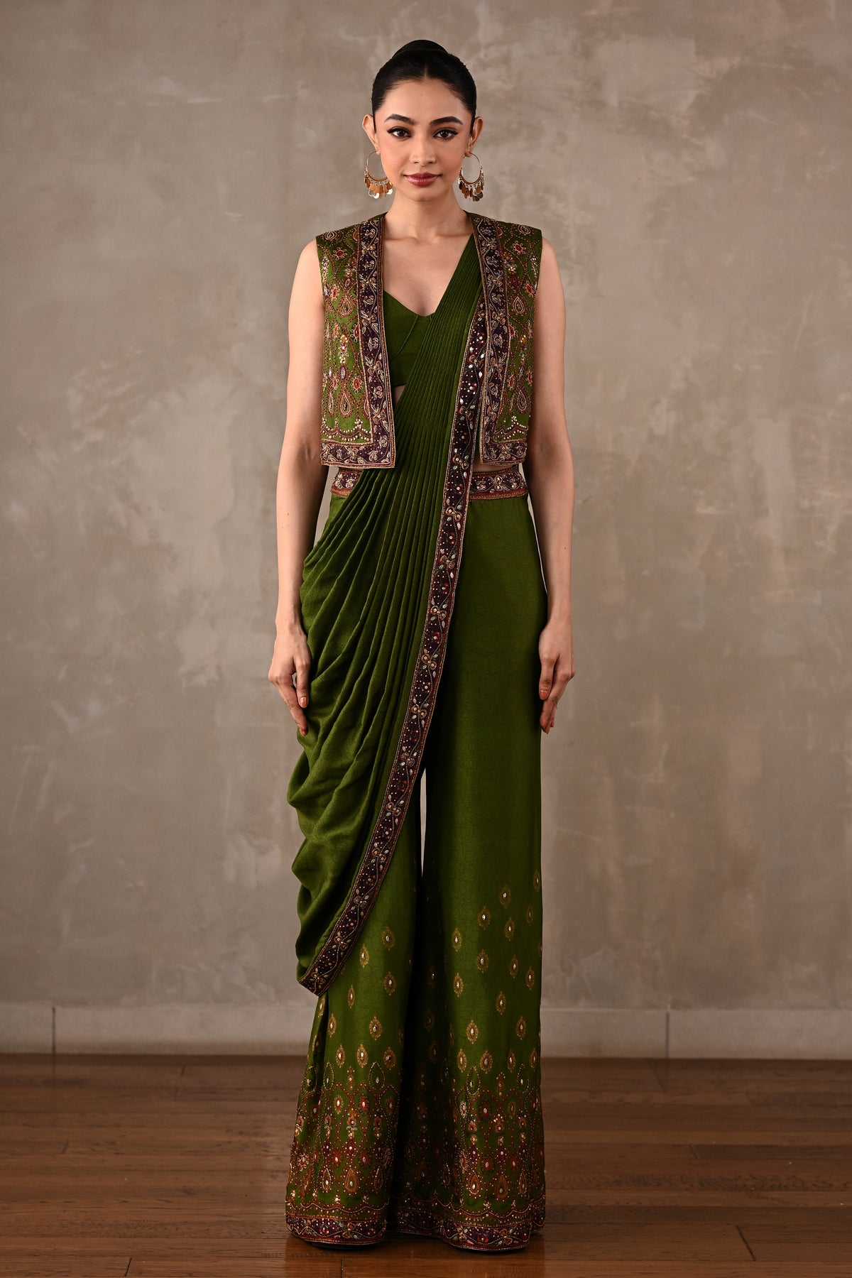 Printed Embellished Drape Pants & Cropped Jacket Set