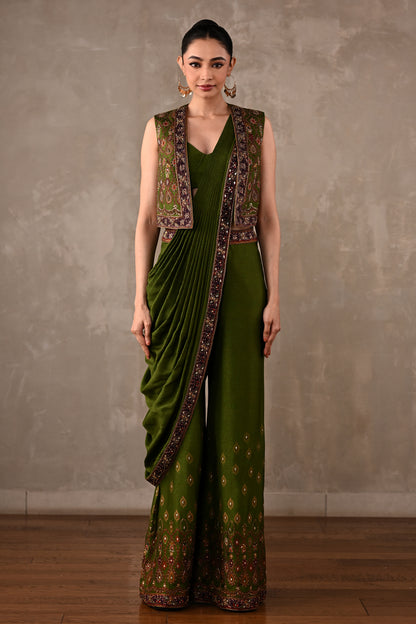 Printed Embellished Drape Pants & Cropped Jacket Set
