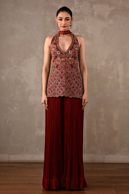 Halter Top with Pleated Pants & Choker Dupatta Set