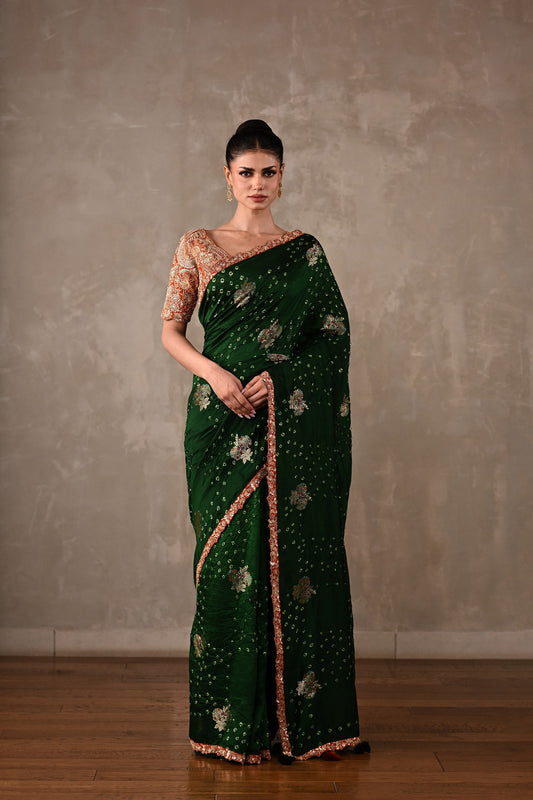 Katan Silk Bandhej Saree with Embroidered Blouse