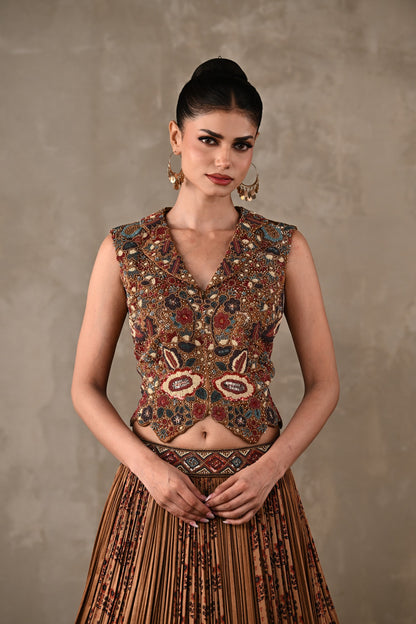 Embroidered Printed Satin Lehenga Set