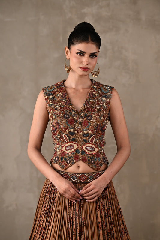 Embroidered Printed Satin Lehenga Set