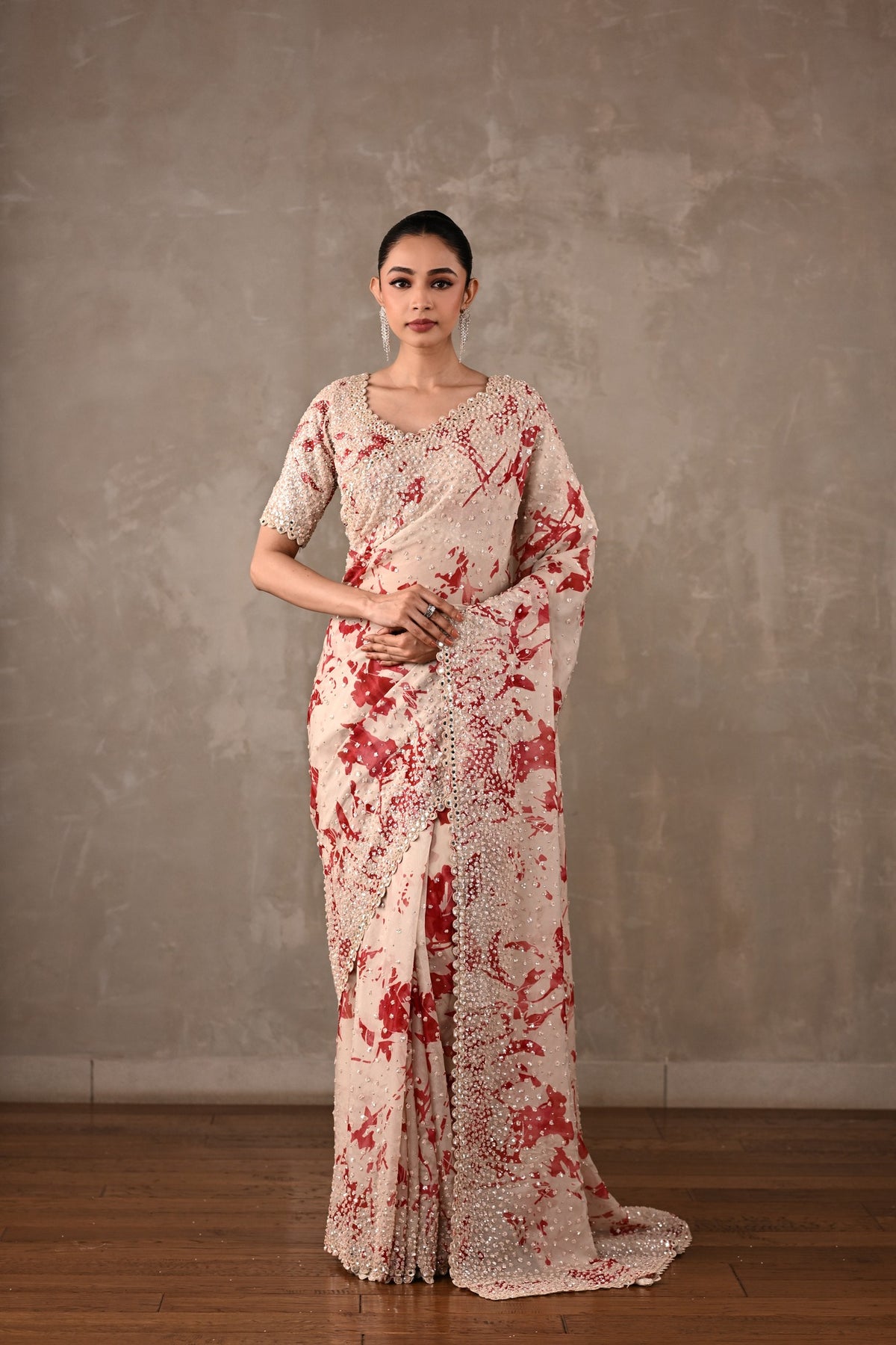 Floral Printed Embellished Saree Set