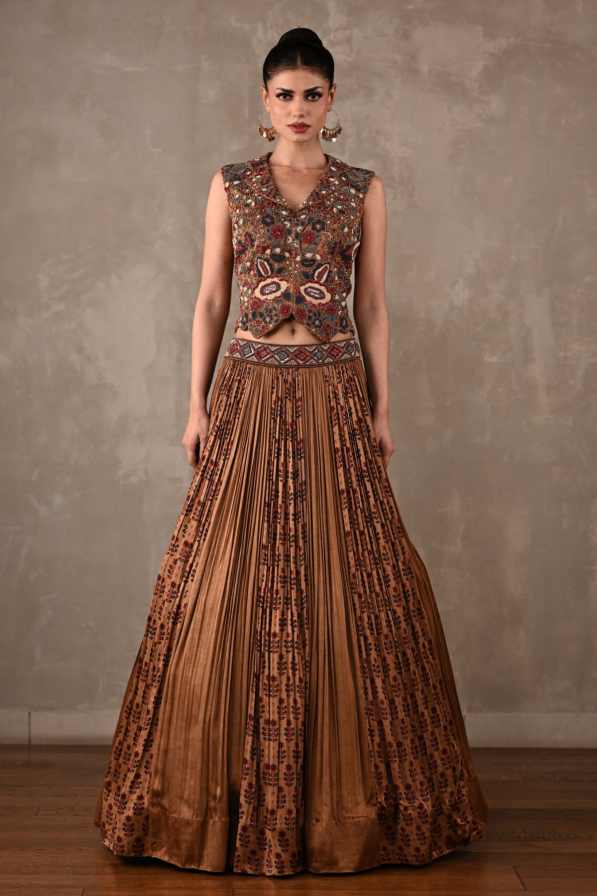Embroidered Printed Satin Lehenga Set