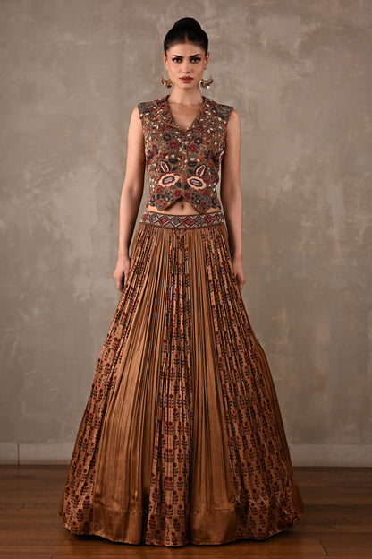 Embroidered Printed Satin Lehenga Set
