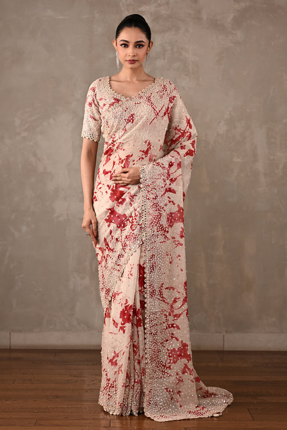 Floral Printed Embellished Saree Set