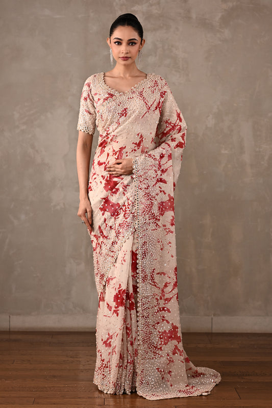 Floral Printed Embellished Saree Set