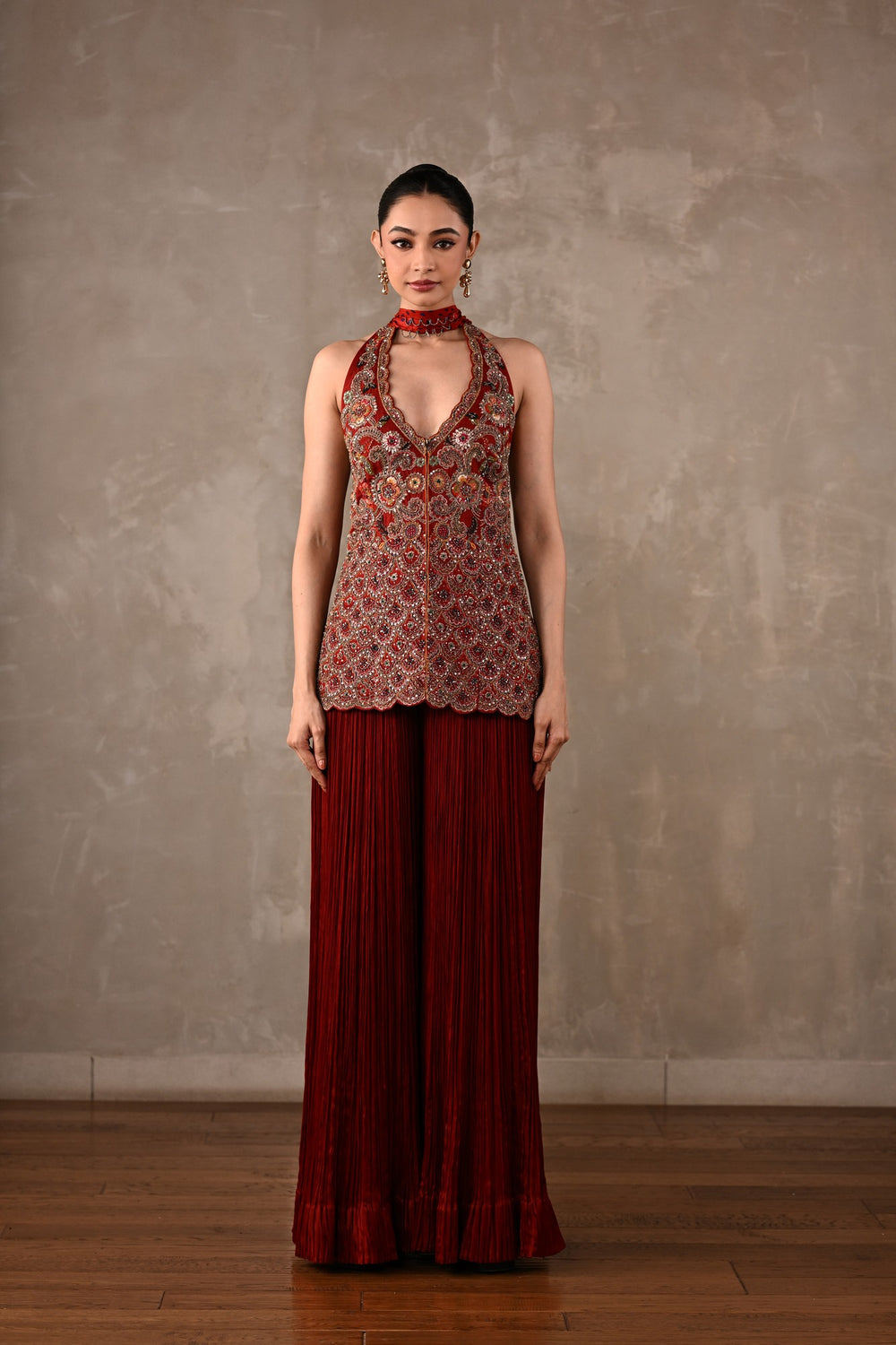 Halter Top with Pleated Pants & Choker Dupatta Set