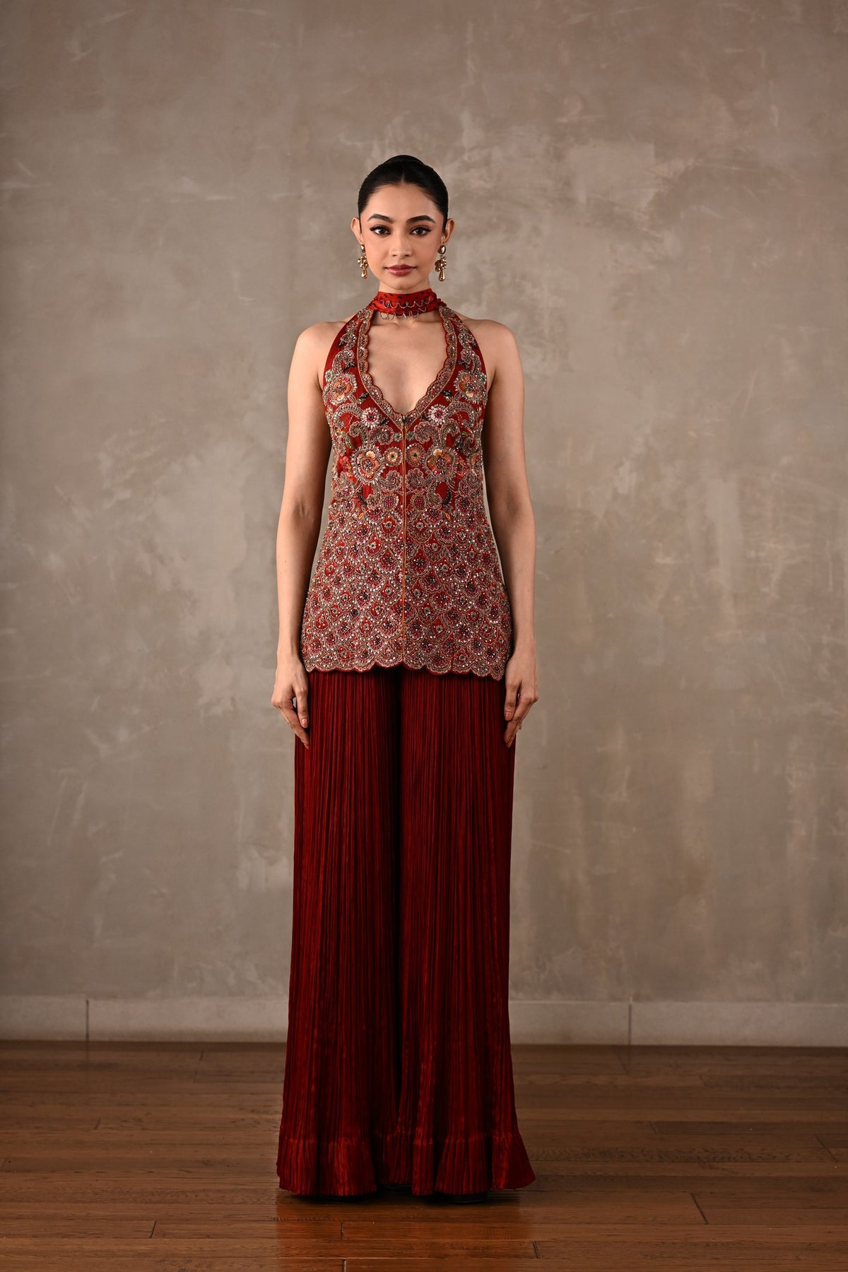 Halter Top with Pleated Pants & Choker Dupatta Set