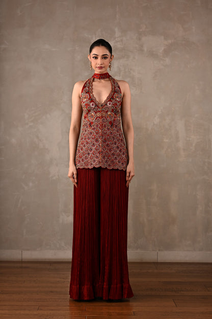 Halter Top with Pleated Pants & Choker Dupatta Set