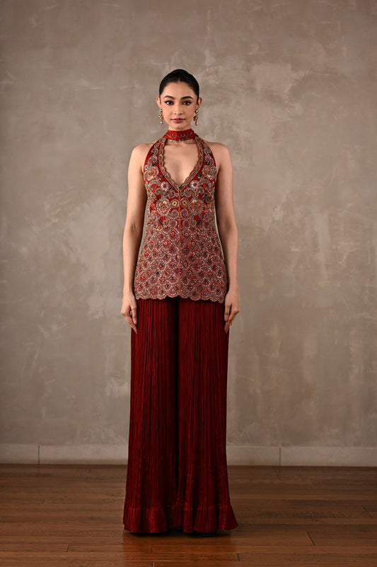 Halter Top with Pleated Pants & Choker Dupatta Set