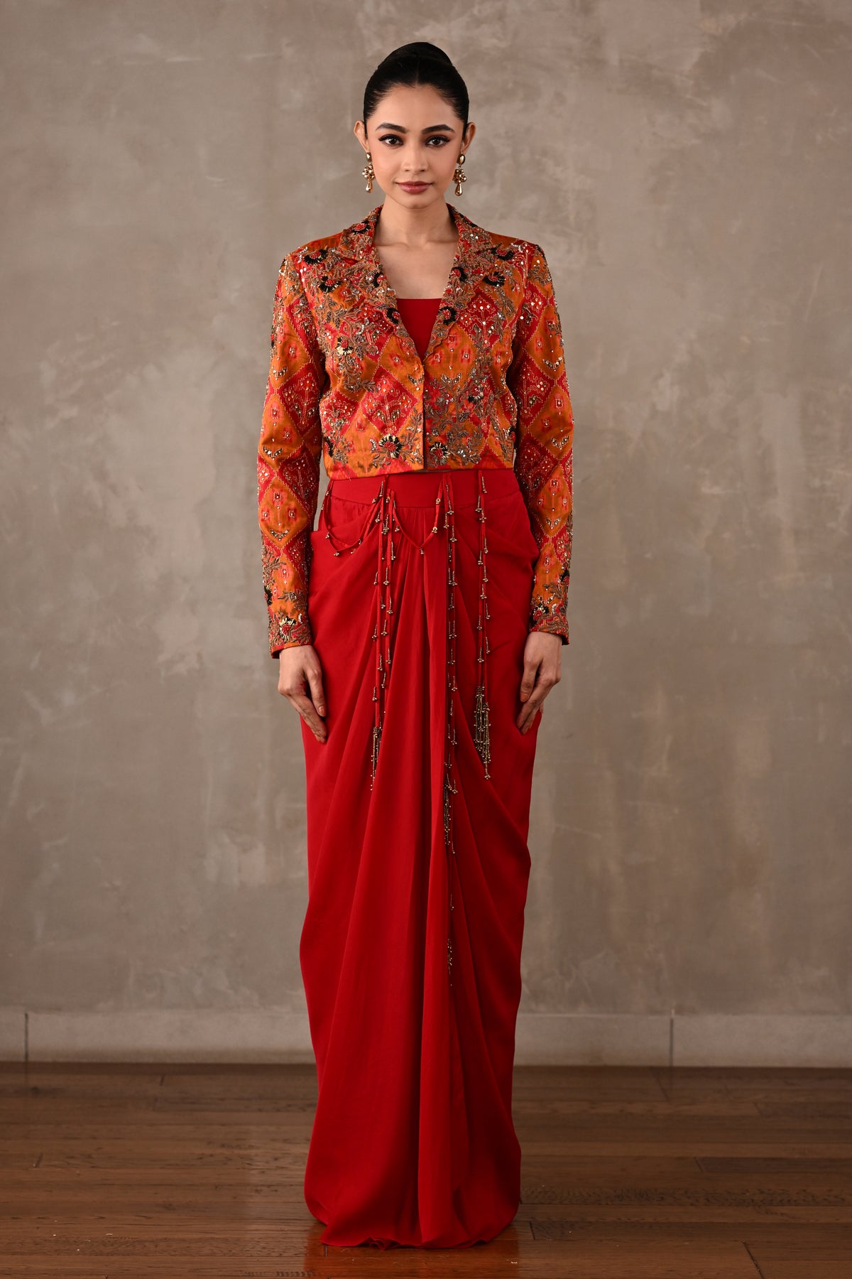 Pochampally Cropped Jacket & Drape Skirt Set