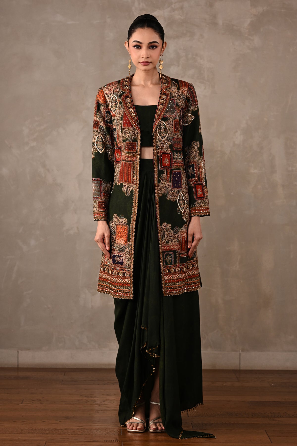 Patchwork-Inspired Long Jacket Skirt Set