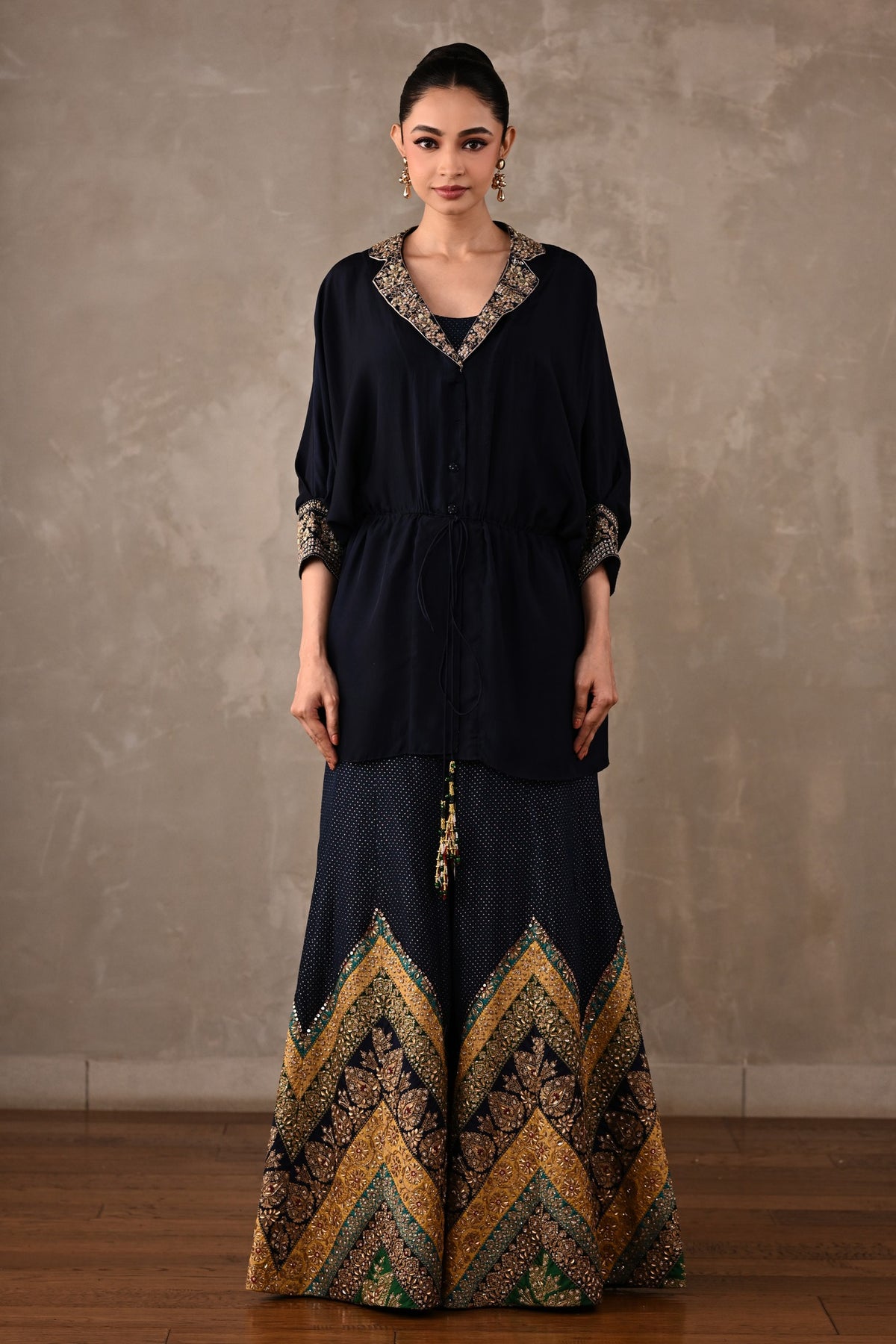 Drawstring Shirt & Chevron Embroidered Pants Set