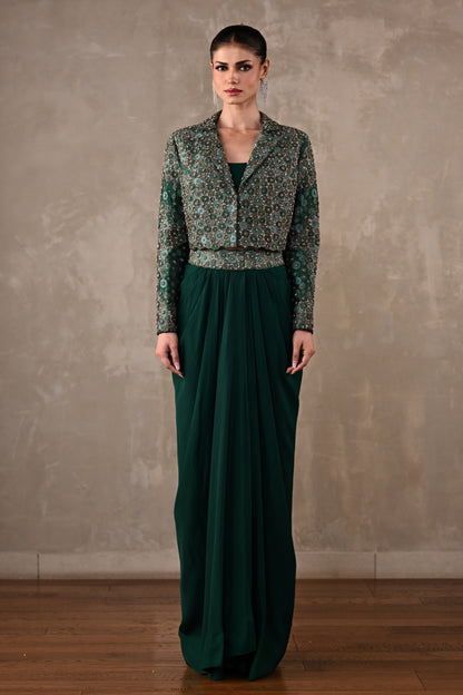 Embellished Crepe Drape Skirt & Cropped Jacket Set