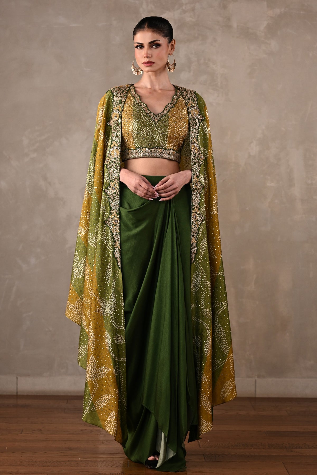 Embellished Silk Cape & Drape Skirt Set