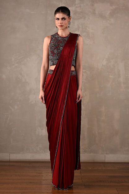 Maroon Embroidered Drape Saree Set
