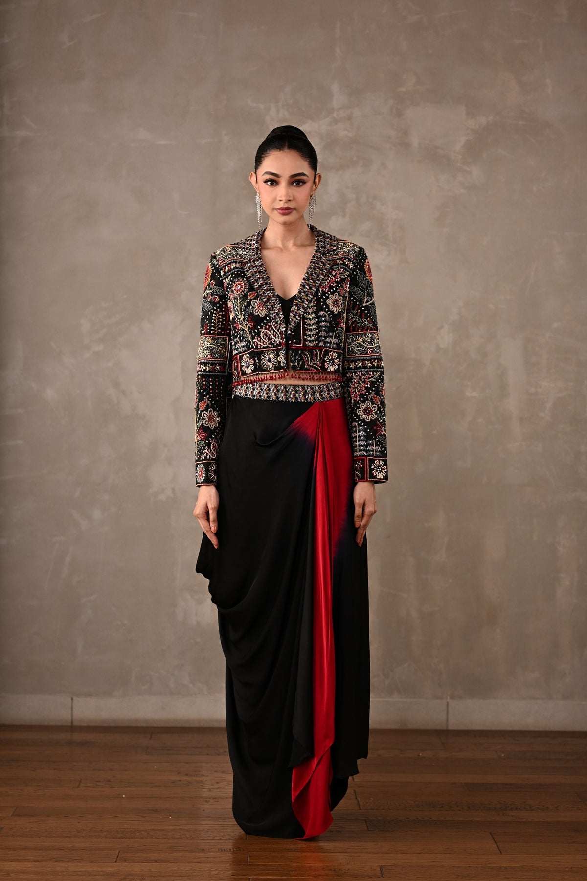Multicolour Embroidered Cropped Jacket & Skirt Set