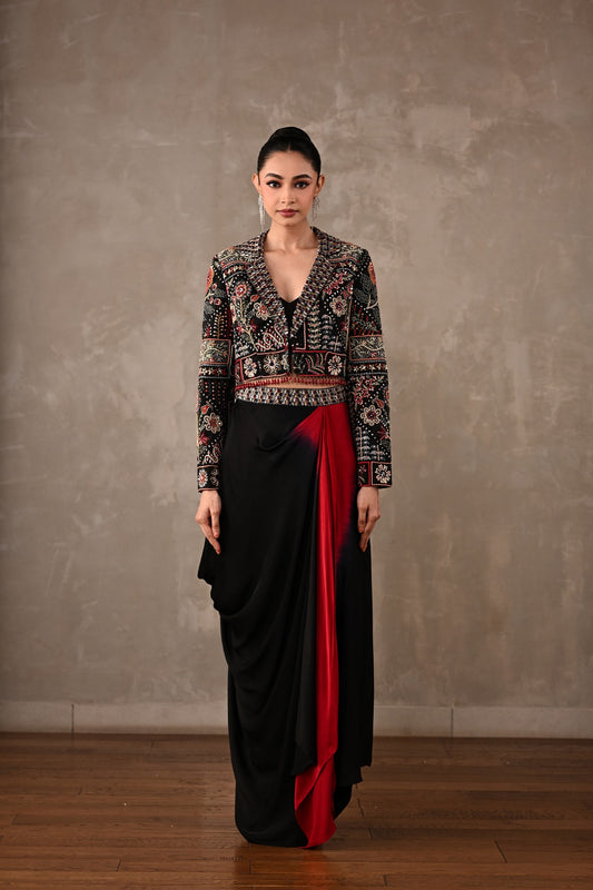 Multicolour Embroidered Cropped Jacket & Skirt Set