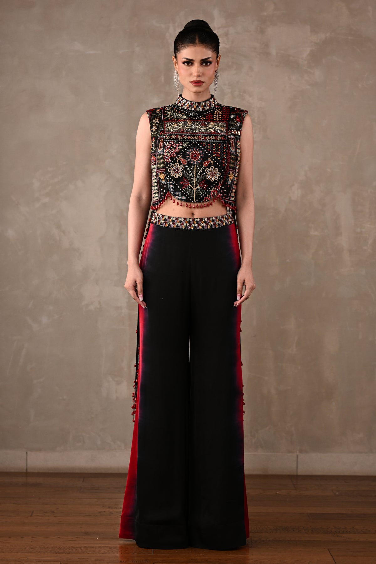 Multicolour Embroidered High-Neck Top & Shaded Pants Set