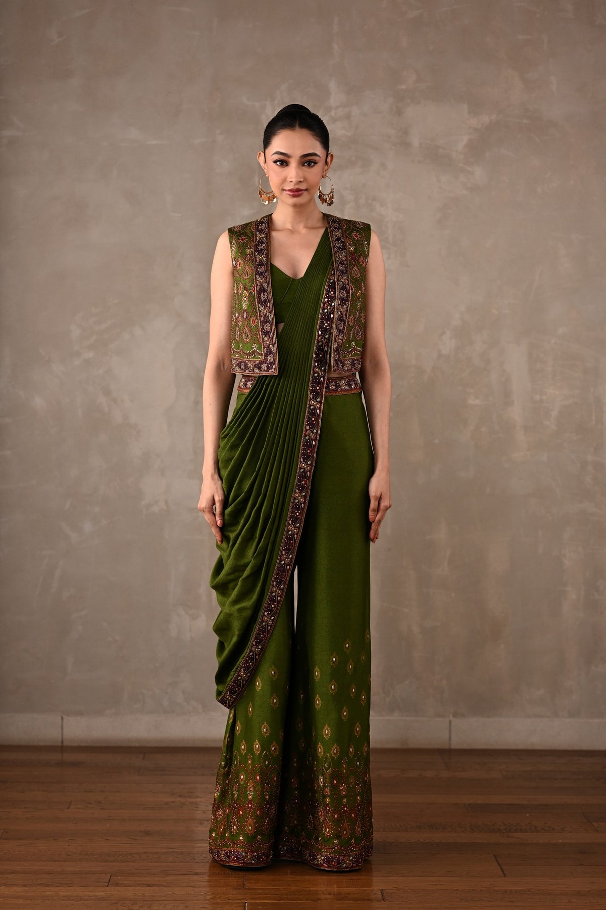 Printed Embellished Drape Pants & Cropped Jacket Set