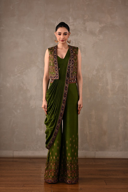 Printed Embellished Drape Pants & Cropped Jacket Set